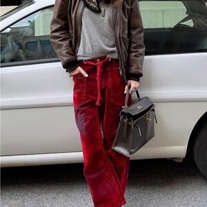 Free People We The Free Moxie Flocked Pull-On Barrel Jeans in Red Size 25